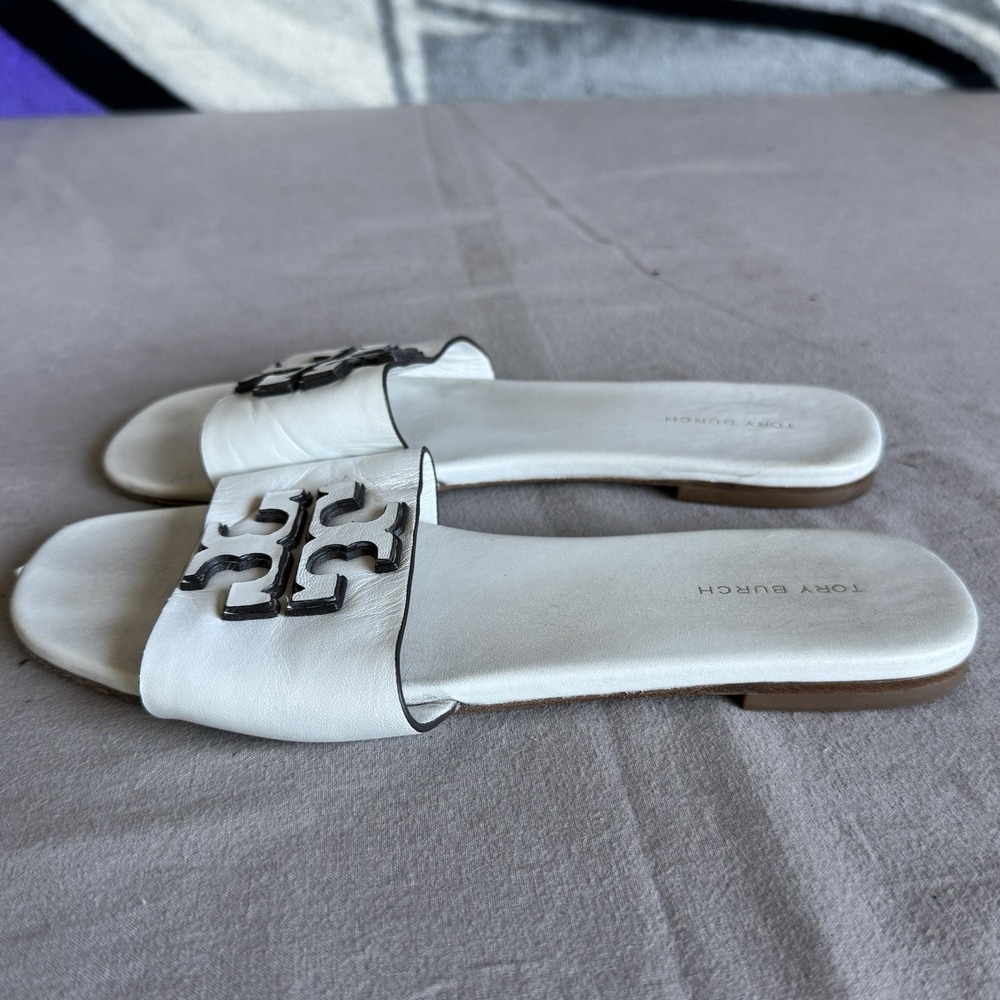 Size 7.5 - Tory Burch Women's Logo Slide Sandals White Synthetic Upper Slip-On
